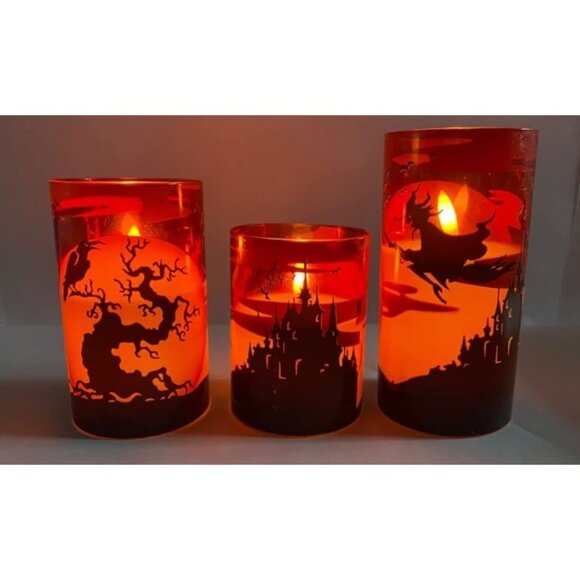 New Halloween Flickering Candles with Witch, Crow Raven, Castle Decals - Picture 1 of 3